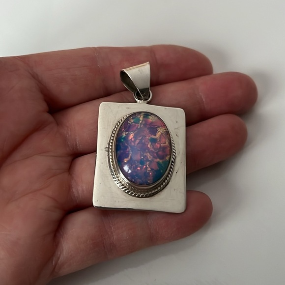 Vintage Mexico Sterling Silver Faux Opal Stone Cabachon Pendant - Picture 7 of 10